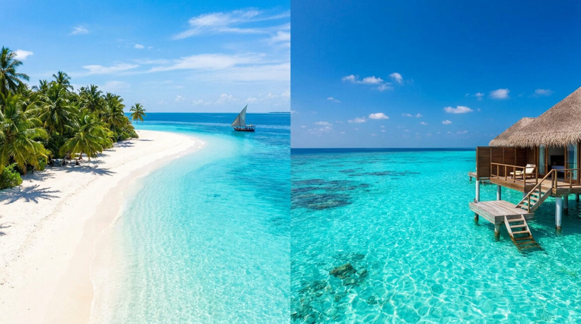 Comparaison visuelle entre une plage tropicale de Zanzibar et un bungalow sur pilotis aux Maldives.