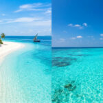 Comparaison visuelle entre une plage tropicale de Zanzibar et un bungalow sur pilotis aux Maldives.