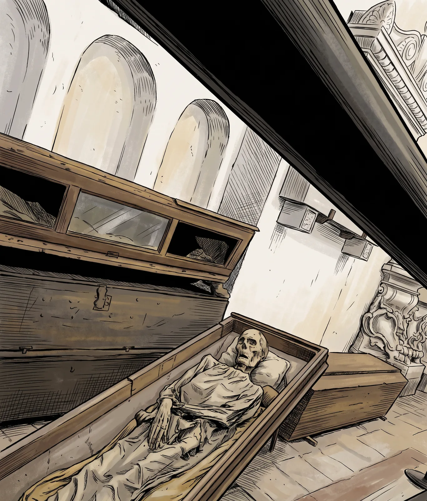Visiter Palerme en 3 jours : mon carnet de voyage testé sur place 55 Illustration en style BD des catacombes des Capucins à Palerme : un corps embaumé dans son cercueil sous les voûtes blanches