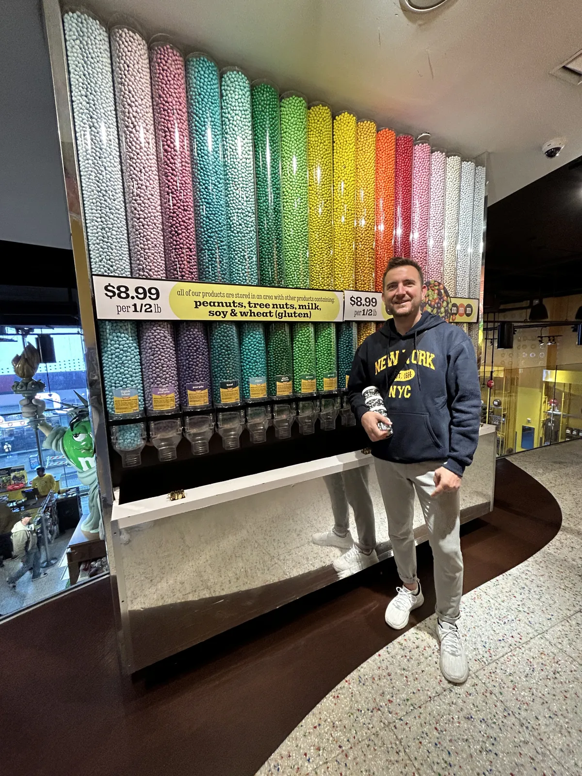 New York en 5 jours : mon carnet de voyage et mes conseils testés sur place 55 Mike devant le mur de M&M's du M&M's World de Times Square